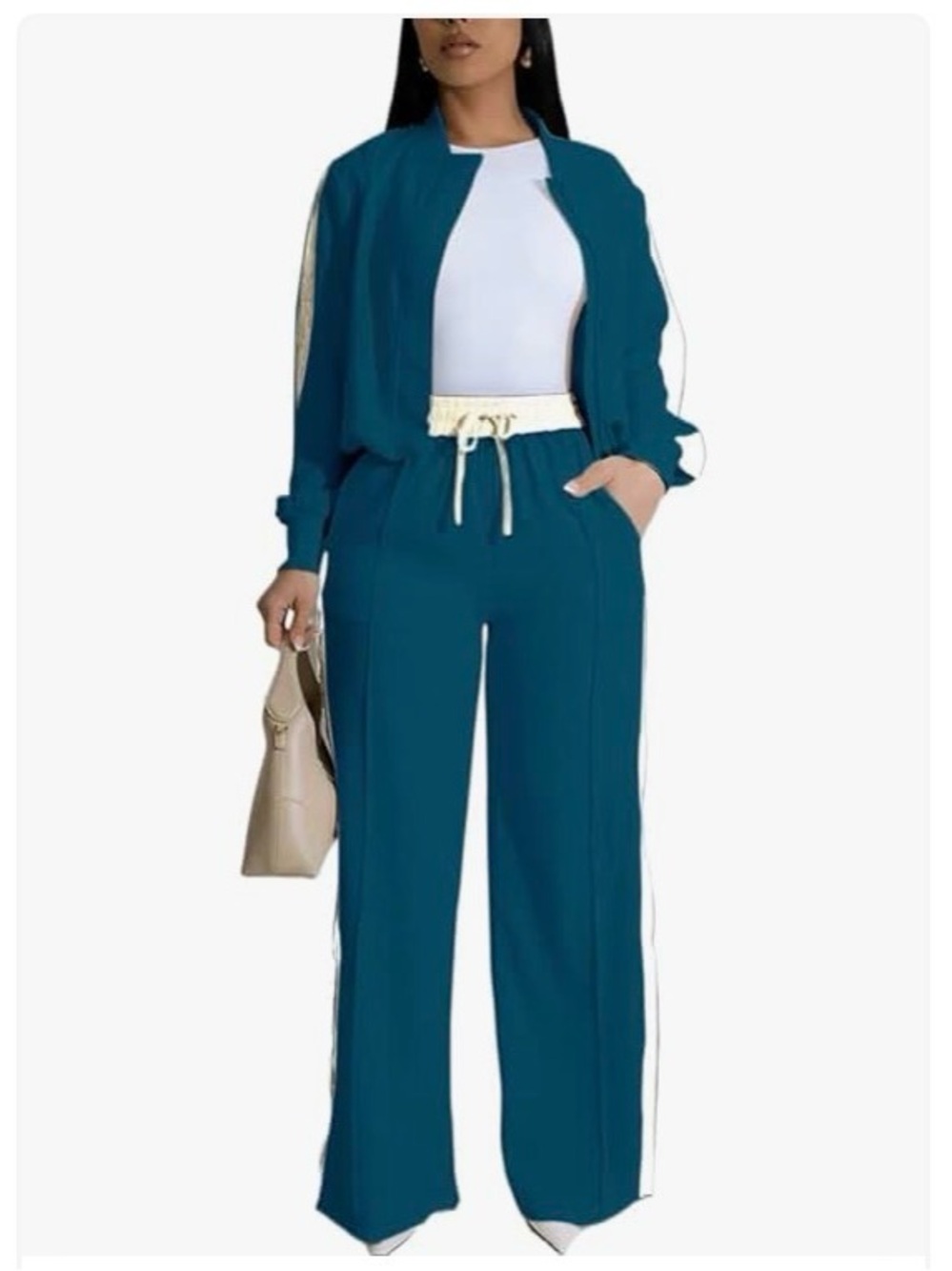 Wide-Leg Track Pants with Drawstring Waist and matching button and zip up jacket